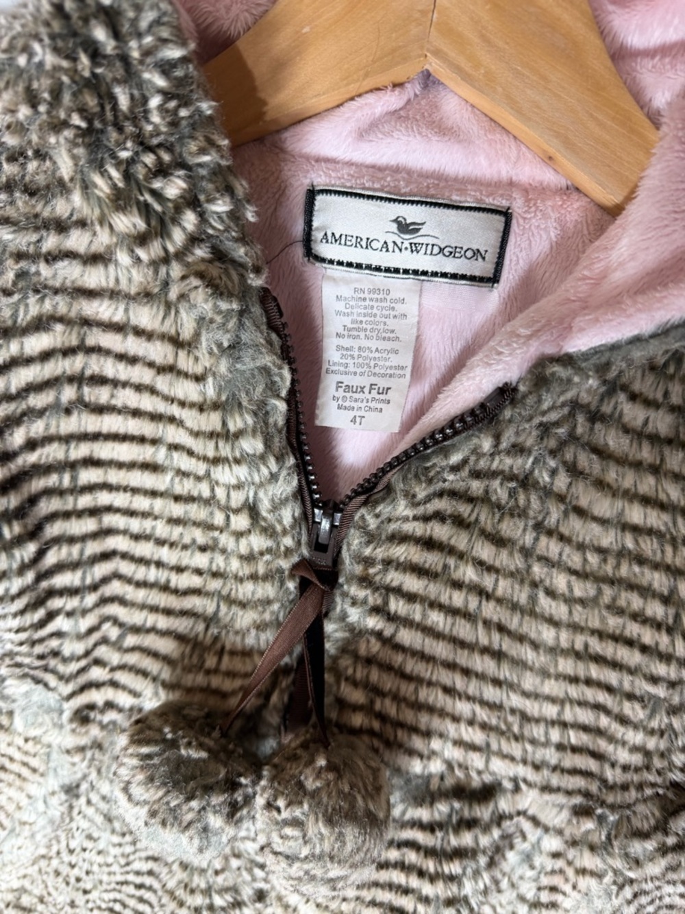American Widgeon Faux Fur Hooded Coat 4T Pom Pom Pink Lined Jacket boho - Picture 3 of 4